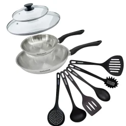 Set 2 poêles 20 et 28 cm en inox, couvercles verre et 6 ustensiles Fackelmann Geneva