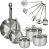 Set 2 poêles 20 et 28 cm en inox, 3 faitouts inox 16, 20 et 24 cm et 6 ustensiles inox Fackelmann Eterna