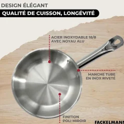 Set 2 poêles 20 et 28 cm en inox, 3 faitouts inox 16, 20 et 24 cm et 6 ustensiles inox Fackelmann Eterna