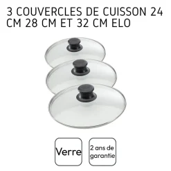 Set de 3 couvercles de cuisson en verre 24 cm 28 cm et 32 cm Elo