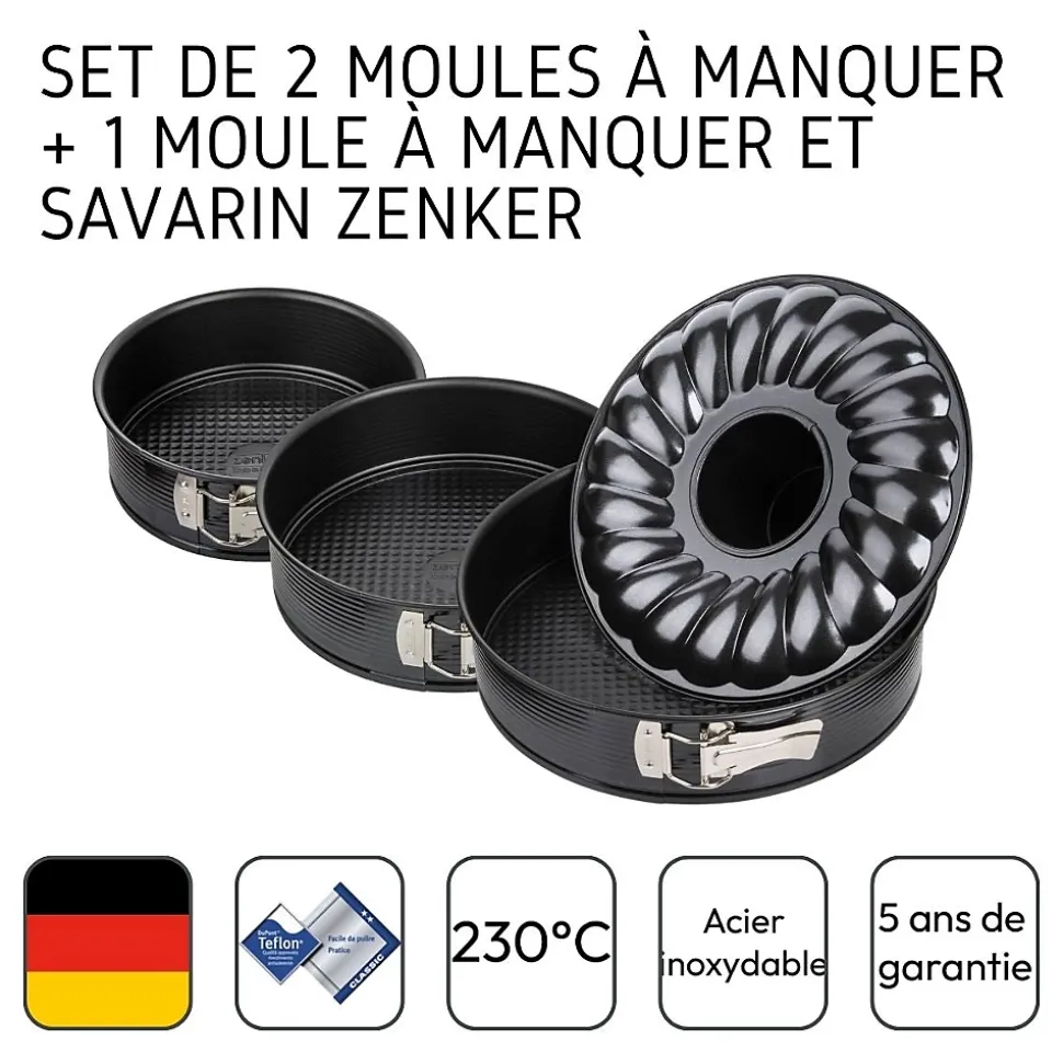 Set de 2 moules à manqué et 1 moule à manqué et savarin diamètres 20, 24 , 28 cm Zenker Black Metallic