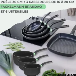 Set de 1 poêle 30 cm, 3 casseroles antiadhésives céramique 16, 18 et 20 cm et 6 ustensiles Fackelmann Brandao