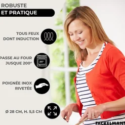 Set de 1 poêle de 28 cm en inox 1 couvercle en verre et 6 ustensiles Fackelmann Eterna