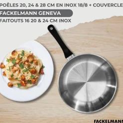 Set de 3 poêles 20, 24, 28 cm inox, couvercles verre, 3 faitouts inox 16, 20 et 24 cm et 6 ustensiles inox Fackelmann Geneva