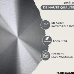 Set de 3 poêles 20, 24, 28 cm inox, couvercles verre, 3 faitouts inox 16, 20 et 24 cm et 6 ustensiles inox Fackelmann Geneva