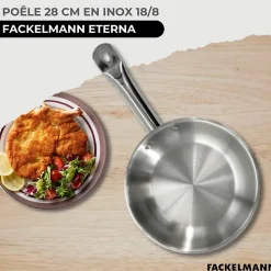 Set de 3 poêles 20, 24 et 28 cm en inox, 3 couvercles verre et 6 ustensiles inox Fackelmann Eterna