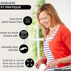 Set de 3 poêles 20, 24 et 28 cm en inox, 3 couvercles verre et 6 ustensiles inox Fackelmann Eterna