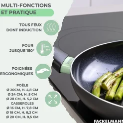 Set de 3 poêles 20 24 et 28 cm et 3 casseroles 16, 18 et 20 cm antiadhésives céramique et 6 ustensiles Fackelmann Brandao
