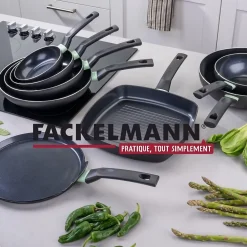 Set de 3 poêles 20 24 et 28 cm et 3 casseroles 16, 18 et 20 cm antiadhésives céramique et 6 ustensiles Fackelmann Brandao