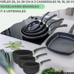 Set de 3 poêles 20 24 et 28 cm et 3 casseroles 16, 18 et 20 cm antiadhésives céramique et 6 ustensiles Fackelmann Brandao