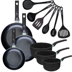 Set de 3 poêles 20 24 et 28 cm et 3 casseroles 16, 18 et 20 cm antiadhésives céramique et 6 ustensiles Fackelmann Brandao