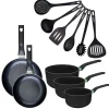Set de 2 poêles 20 et 24 cm, 3 casseroles antiadhésives céramique 16, 18 et 20 cm et 6 ustensiles Fackelmann Brandao