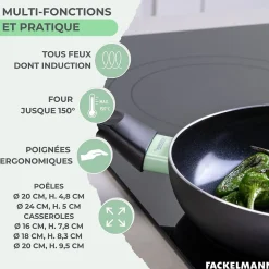 Set de 2 poêles 20 et 24 cm, 3 casseroles antiadhésives céramique 16, 18 et 20 cm et 6 ustensiles Fackelmann Brandao