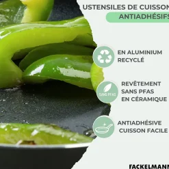 Set de 2 poêles 20 et 24 cm, 3 casseroles antiadhésives céramique 16, 18 et 20 cm et 6 ustensiles Fackelmann Brandao