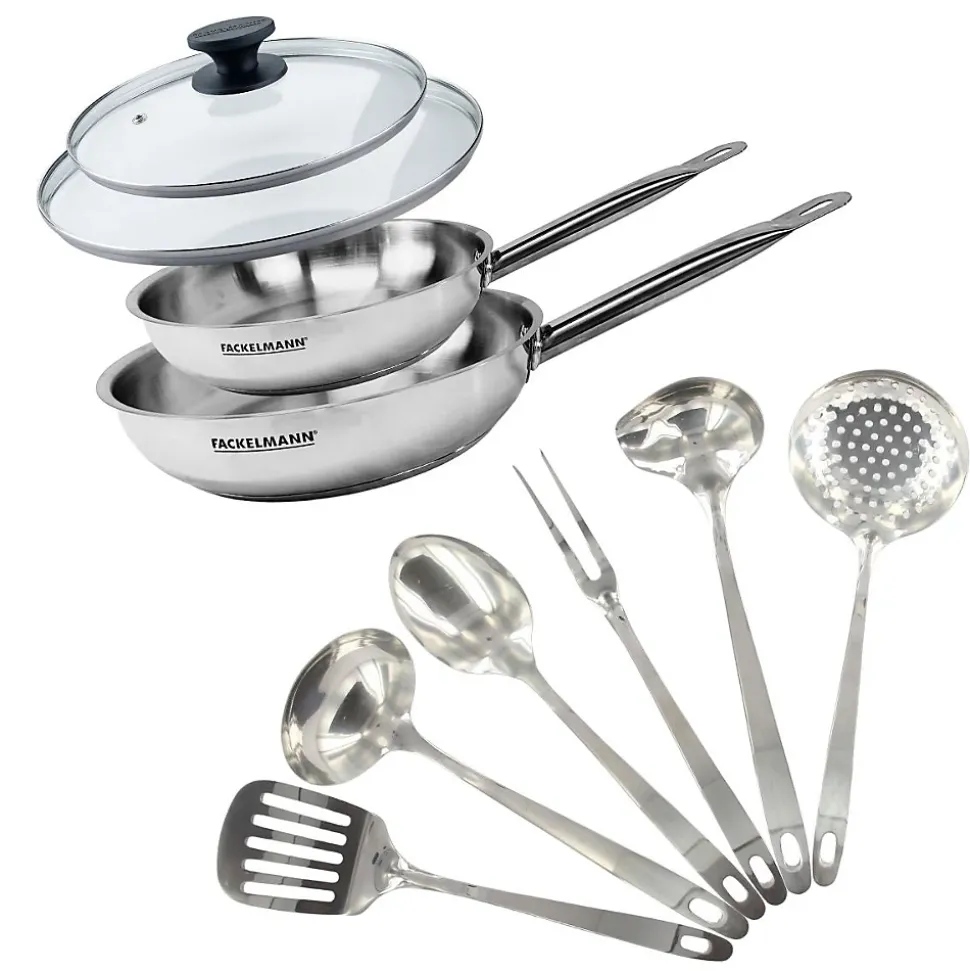 Set de 2 poêles 24 et 28 cm en inox, 2 couvercles verre et 6 ustensiles inox Fackelmann Eterna