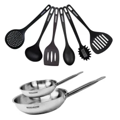 Set de 2 poêles 20 et 28 cm en inox et 6 ustensiles Fackelmann Eterna