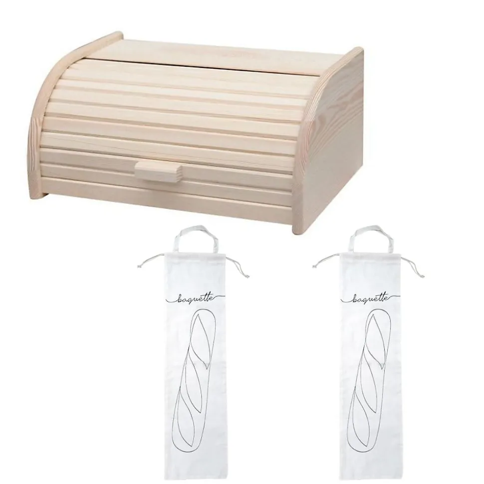 Set de 3 ustensiles pour le pain avec Huche à pain en bois pain et 2 Sacs de conservation en coton Fackelmann Boissellerie