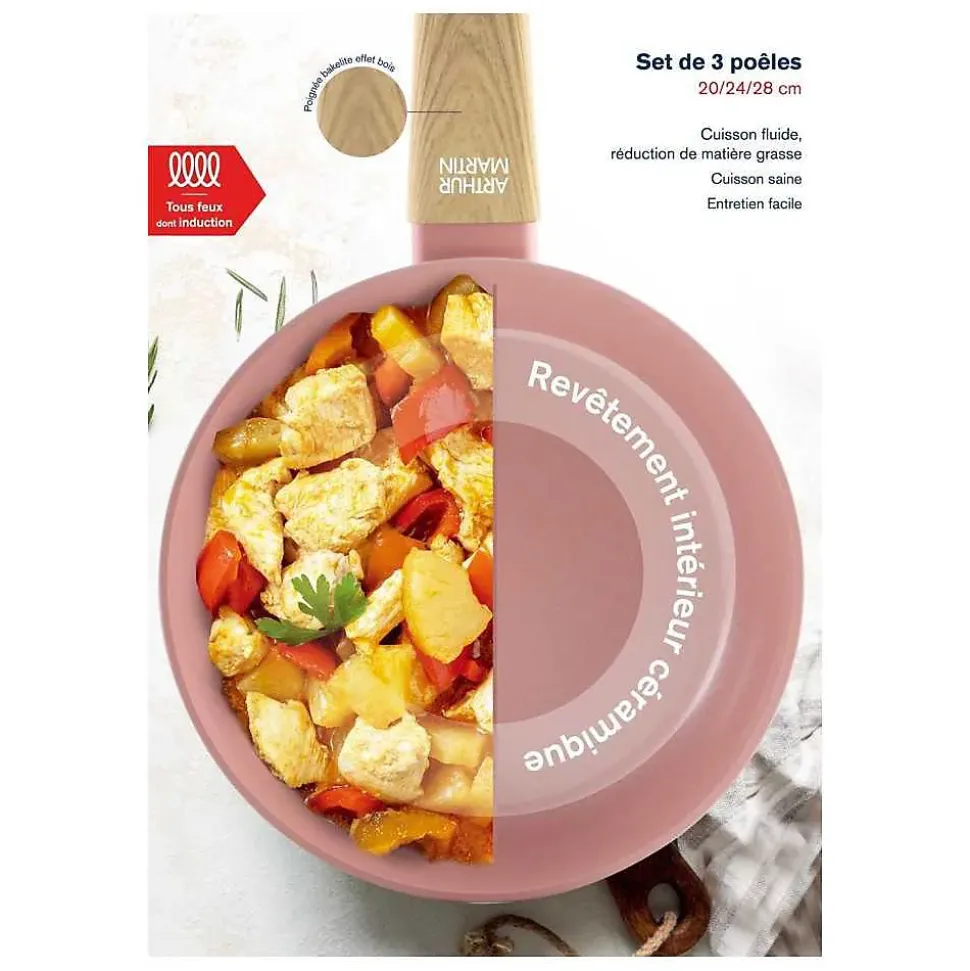Set de poêles Arthur Martin AM5388 20/24/28 cm Rose céramique