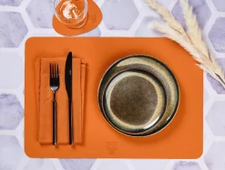 Set de table rectangulaire réversible - 6 pièces - Cuir recyclé orange et chocolat
