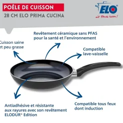 Set Poêle 28 cm céramique sans PFAS et couvercle Elo Prima Cucina