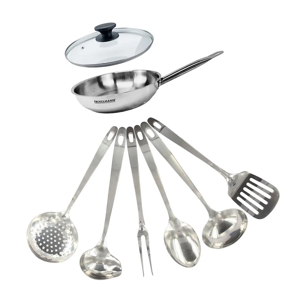 Set poêle 20 cm en inox, couvercle verre et 6 ustensiles inox Fackelmann Eterna