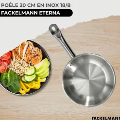 Set poêle 20 cm en inox, couvercle verre et 6 ustensiles inox Fackelmann Eterna