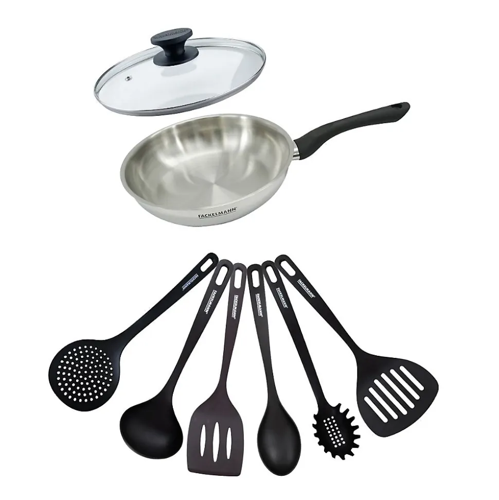 Set poêle 24 cm en inox, couvercle verre et 6 ustensiles Fackelmann Geneva