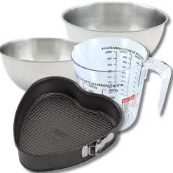 Set pâtisserie avec moule à gâteau cœur 27 x 25 cm en acier, 2 bols à mixer, verre mesureur et spatule Zenker