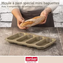 Set pâtisserie avec moule perforé 4 mini baguettes 33 x 22 cm en acier, 2 bols à mixer, verre mesureur et spatule Zenker