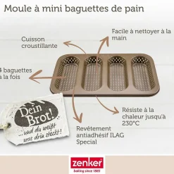 Set pâtisserie avec moule perforé 4 mini baguettes 33 x 22 cm en acier, 2 bols à mixer, verre mesureur et spatule Zenker