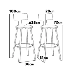 Shelby - Lot de 2 tabourets hauts, tabouret de bar avec dossier de style industriel, bois brun