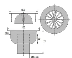 Siphon de sol grille inox sortie verticale 100x100mm D90mm - VALENTIN - 00 460200 000 00