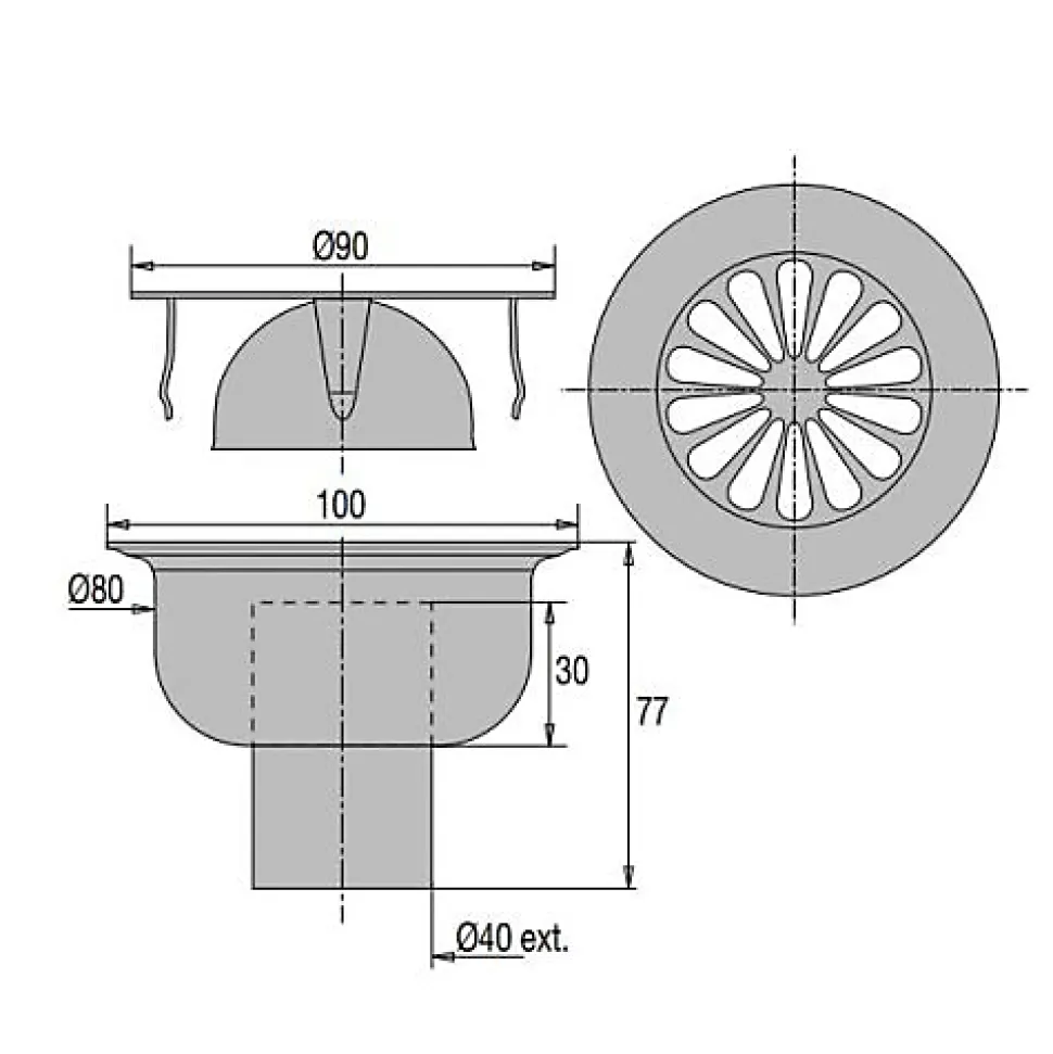 Siphon de sol grille inox sortie verticale 100x100mm D90mm - VALENTIN - 00 460200 000 00
