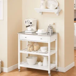SoBuy Desserte de Cuisine Roulante avec Îlot Central, Plateau Inox, Tiroirs et Étagères