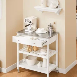SoBuy Desserte de Cuisine Roulante avec Îlot Central, Plateau Inox, Tiroirs et Étagères