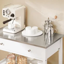 SoBuy Desserte de Cuisine Roulante avec Îlot Central, Plateau Inox, Tiroirs et Étagères