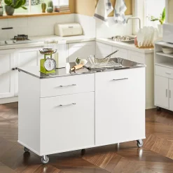 SoBuy Desserte Roulante pour Îlot Central avec Plan de Travail Inox, 1 Tiroir, 120x56x90 cm FKW117-W