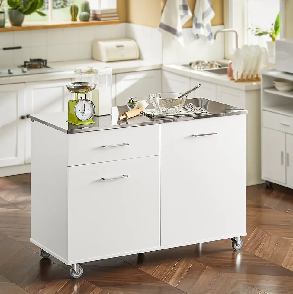 SoBuy Desserte Roulante pour Îlot Central avec Plan de Travail Inox, 1 Tiroir, 120x56x90 cm FKW117-W