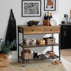 SoBuy FKW112-PF Desserte roulante 2 étages avec 2 tiroirs, chariot de cuisine pratique et mobile, couleur bois clair