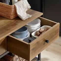 SoBuy FKW112-PF Desserte roulante 2 étages avec 2 tiroirs, chariot de cuisine pratique et mobile, couleur bois clair