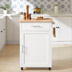 SoBuy FKW102-WN Desserte de cuisine blanche avec plan de travail, porte et tiroir, design naturel et fonctionnel