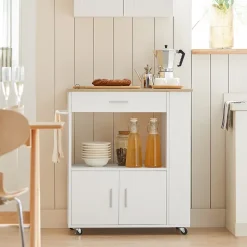 SoBuy FKW113-WN Desserte roulante multifonctionnelle avec étagère latérale, portes, tiroirs et porte-torchon - Blanc