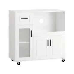 SoBuy FSB78-W Meuble Micro-Ondes avec 3 Portes, 1 Tiroir et Roulettes - Armoire de Cuisine Multi-Rangement Blanc