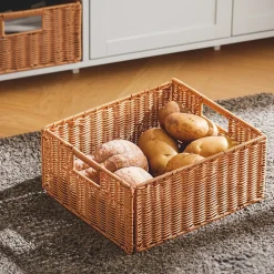 SoBuy îlot central de cuisine avec porte-bouteilles, 2 tiroirs, 2 portes et paniers en rotin