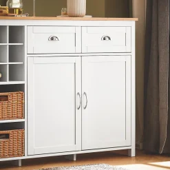 SoBuy îlot central de cuisine avec porte-bouteilles, 2 tiroirs, 2 portes et paniers en rotin