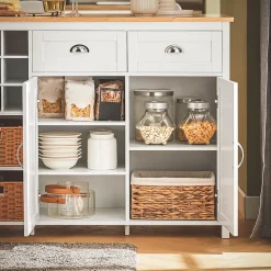 SoBuy îlot central de cuisine avec porte-bouteilles, 2 tiroirs, 2 portes et paniers en rotin