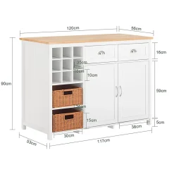SoBuy îlot central de cuisine avec porte-bouteilles, 2 tiroirs, 2 portes et paniers en rotin