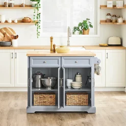 SoBuy Îlot de cuisine à 2 tiroirs Gris clair 115x71x92.5cm Fonctionnel FKW71-II-HG