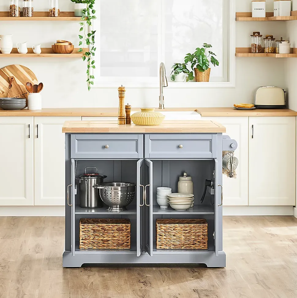 SoBuy Îlot de cuisine à 2 tiroirs Gris clair 115x71x92.5cm Fonctionnel FKW71-II-HG