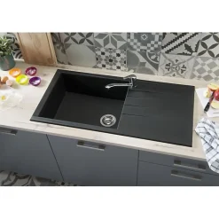 STRADOUR Evier a encastrer CUBE, en SMC NOIR PAILLETE - 06, 1 bac, dim. 100 50 cm, vidage manuel